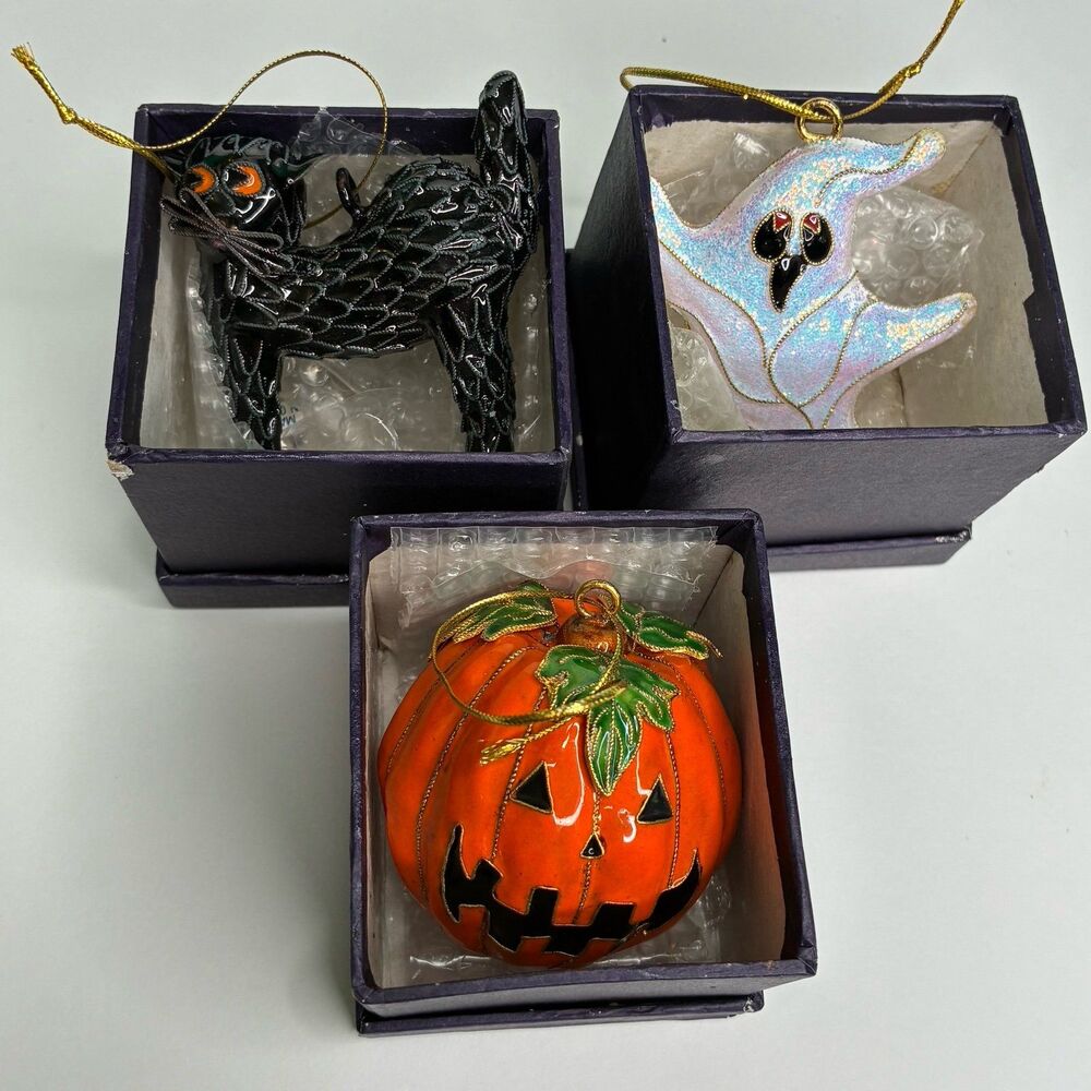 Smithsonian Institution Warshaw Coll 3 Halloween Ornaments Pumpkin Cat Ghost